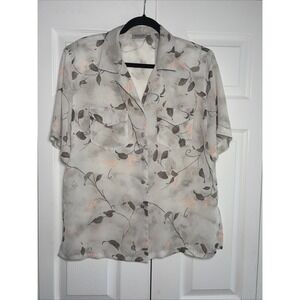 Basler Floral Button Up Blouse Womens Size 12 Grey Pink Sheer Silk Top Vintage